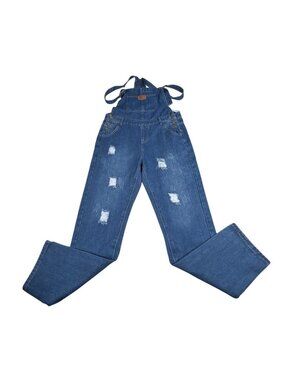 Distressed Blue Jean Denim Overalls Size Medium Adjustable Straps & Pockets